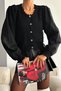 Women's Black Knitted Cardigan with Gathered Lace and Scallop Detail and Buttons