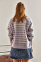 Women's Lilac Ecru Collared Knitted Turtleneck Striped Sweater 20223207 - 2