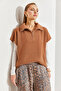 Women's Camel Collar Zippered Short Sleeve Knitwear Sweater Stk168 - 3