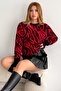 Women's Red Standard Size Zebra Patterned Bearded Knitwear Sweater - 5