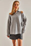 Women's Gray Off-The-Shoulder Collared Knitwear Cardigan Stk157 - 3