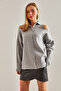 Women's Gray Off-The-Shoulder Collared Knitwear Cardigan Stk157 - 4