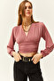 Women's Dusty Rose Deep Low-cut Crop Blouse with Waist Band BLZ-19001696 - 3