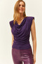 Women's Purple Padded Degaje Collar Flowy Blouse BLZ-19002217