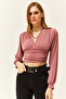 Women's Dusty Rose Deep Low-cut Crop Blouse with Waist Band BLZ-19001696 - 2