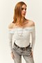 Women's White Madonna Collar Metallic Detailed Blouse BLZ-19002457 - 3