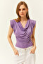 Women's Lilac Padded Degaje Collar Flowy Blouse BLZ-19002217 - 2
