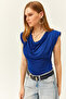Women's Cobalt Blue Padded Dellaje Collar Flowing Blouse BLZ-19002217 - 6