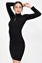 Women's Black Half-Neck Corded Knitted Mini Dress - 3