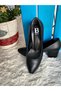 Thick Short Heeled Classic Black Skin Women's Shoes - 4