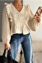 Women's Beige Frilly Button Detailed Scallop Embroidery Embroidered Blouse - 3