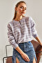 Women's Lilac Ecru Collared Knitted Turtleneck Striped Sweater 20223207 - 5