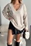 Women's Beige Standard Size Stone Embroidered Knitwear Sweater - 4