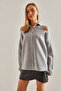 Women's Gray Off-The-Shoulder Collared Knitwear Cardigan Stk157 - 6