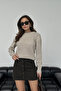 Stone Color Knitted Knitwear Sweater with Patterned Sleeves - 3