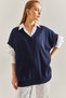 Women's Navy Blue V-Neck Short Sleeve Knitwear Sweater Stk175