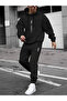 Men's Black Vertical Oversize Hooded Tracksuit Set Cotton