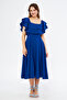 Sax Blue Off-Shoulder Karmen Collar Flowy Woven Fabric Flared Midi Length Homecoming & Evening Dress - 5