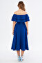 Sax Blue Off-Shoulder Karmen Collar Flowy Woven Fabric Flared Midi Length Homecoming & Evening Dress - 7