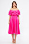 Fuchsia Off-Shoulder Karmen Collar Flowy Woven Fabric Flared Midi Length Homecoming & Evening Dress - 5