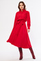 Red Long Sleeve Buttoned Elastic Waist Belted Woven Flowing Fabric Midi Length Shirt Dress - 4