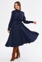 Navy Blue Long Sleeve Buttoned Elastic Waist Belted Woven Flowy Fabric Midi Length Shirt Dress - 4
