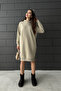 Women's Cream Hooded Oversize 3 Thread Ribbed Sweatshirt Dress