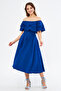 Sax Blue Off-Shoulder Karmen Collar Flowy Woven Fabric Flared Midi Length Homecoming & Evening Dress - 3
