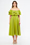 Pistachio Green Off-Shoulder Karmen Collar Flowy Woven Fabric Flared Midi Length Homecoming & Evening Dress - 4