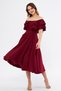 Burgundy Off-Shoulder Karmen Collar Flowy Woven Fabric Flared Midi Length Homecoming & Evening Dress