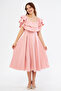 Powder Off-Shoulder Karmen Collar Flowy Woven Fabric Flared Midi Length Homecoming & Evening Dress - 3