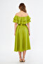 Pistachio Green Off-Shoulder Karmen Collar Flowy Woven Fabric Flared Midi Length Homecoming & Evening Dress - 8