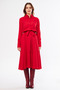 Red Long Sleeve Buttoned Elastic Waist Belted Woven Flowing Fabric Midi Length Shirt Dress - 5