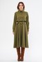 Khaki Long Sleeve Buttoned Elastic Waist Belted Woven Flowy Fabric Midi Length Shirt Dress - 5