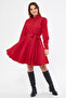 Red Long Sleeve Buttoned Elastic Waist Belted Woven Flowy Fabric Mini Size Shirt Dress - 2