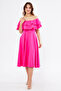 Fuchsia Off-Shoulder Karmen Collar Flowy Woven Fabric Flared Midi Length Homecoming & Evening Dress - 2