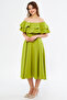 Pistachio Green Off-Shoulder Karmen Collar Flowy Woven Fabric Flared Midi Length Homecoming & Evening Dress - 3