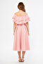 Powder Off-Shoulder Karmen Collar Flowy Woven Fabric Flared Midi Length Homecoming & Evening Dress - 7