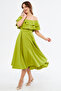 Pistachio Green Off-Shoulder Karmen Collar Flowy Woven Fabric Flared Midi Length Homecoming & Evening Dress