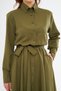 Khaki Long Sleeve Buttoned Elastic Waist Belted Woven Flowy Fabric Midi Length Shirt Dress - 9