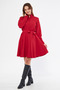 Red Long Sleeve Buttoned Elastic Waist Belted Woven Flowy Fabric Mini Size Shirt Dress - 6
