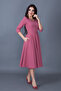 Dried Rose Three-Quarter Sleeve V-Neck Pocket Woven Draped Fabric Flared Midi Dress - 4