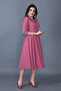 Dried Rose Three-Quarter Sleeve V-Neck Pocket Woven Draped Fabric Flared Midi Dress - 5
