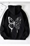 Unisex Black Butterfly Printed Hooded Sweatshirt - 2