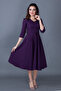 Plum Three-Quarter Sleeve V-Neck Pocket Woven Draped Fabric Flared Midi Dress - 2