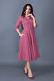 Dried Rose Three-Quarter Sleeve V-Neck Pocket Woven Draped Fabric Flared Midi Dress