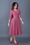 Dried Rose Three-Quarter Sleeve V-Neck Pocket Woven Draped Fabric Flared Midi Dress - 3