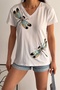 Women's V-Neck Sequin Embroidered 100% Cotton T-Shirt - 4