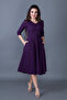 Plum Three-Quarter Sleeve V-Neck Pocket Woven Draped Fabric Flared Midi Dress - 5
