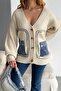 Women's Beige Standard Size Buttoned Oversize Knitwear Cardigan with Denim Pockets - 8